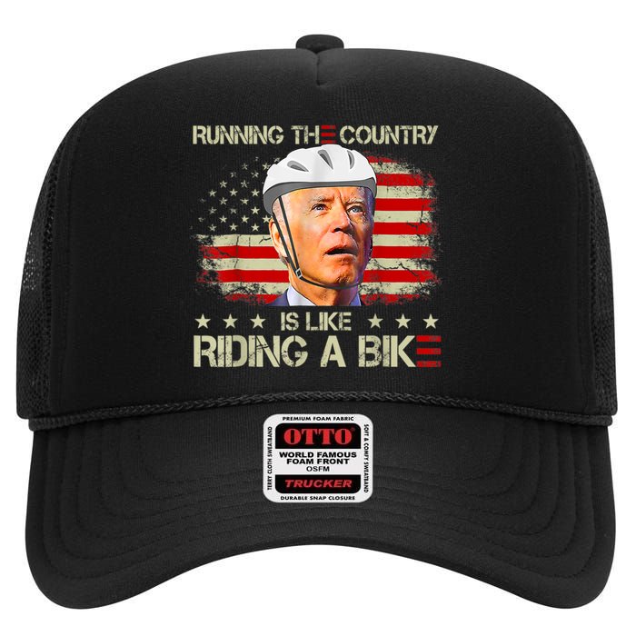 Joe Biden Falling Off Bike, Running The Country Is Like Riding A Bike High Crown Mesh Back Trucker Hat