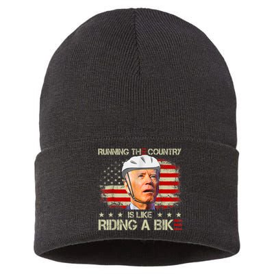 Joe Biden Falling Off Bike, Running The Country Is Like Riding A Bike Sustainable Knit Beanie