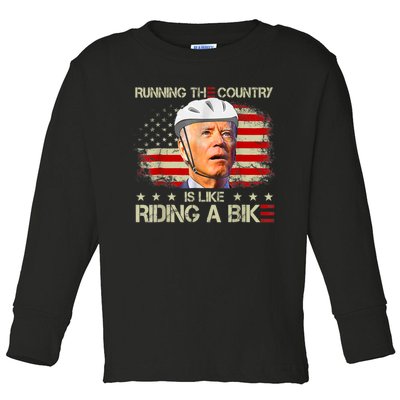 Joe Biden Falling Off Bike, Running The Country Is Like Riding A Bike Toddler Long Sleeve Shirt