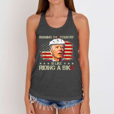 Joe Biden Falling Off Bike, Running The Country Is Like Riding A Bike Women's Knotted Racerback Tank