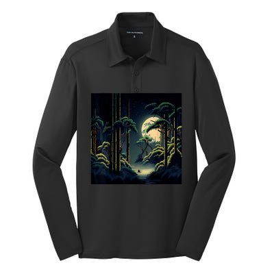 Japanese Bamboo Forest Pixelated Moonlight River Silk Touch Performance Long Sleeve Polo