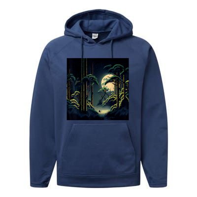 Japanese Bamboo Forest Pixelated Moonlight River Performance Fleece Hoodie