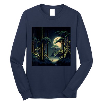 Japanese Bamboo Forest Pixelated Moonlight River Long Sleeve Shirt