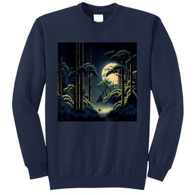 Japanese Bamboo Forest Pixelated Moonlight River Tall Sweatshirt