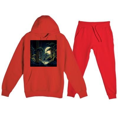 Japanese Bamboo Forest Pixelated Moonlight River Premium Hooded Sweatsuit Set