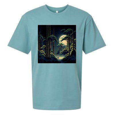 Japanese Bamboo Forest Pixelated Moonlight River Sueded Cloud Jersey T-Shirt