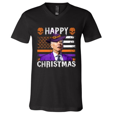 Joe Biden Happy Halloween Happy Christmas US Flag V-Neck T-Shirt