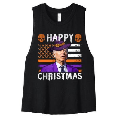 Joe Biden Happy Halloween Happy Christmas US Flag Women's Racerback Cropped Tank