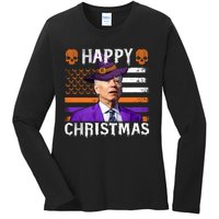 Joe Biden Happy Halloween Happy Christmas US Flag Ladies Long Sleeve Shirt