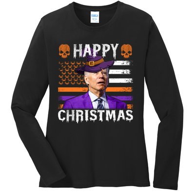 Joe Biden Happy Halloween Happy Christmas US Flag Ladies Long Sleeve Shirt