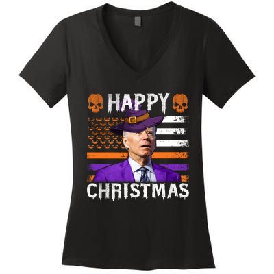 Joe Biden Happy Halloween Happy Christmas US Flag Women's V-Neck T-Shirt