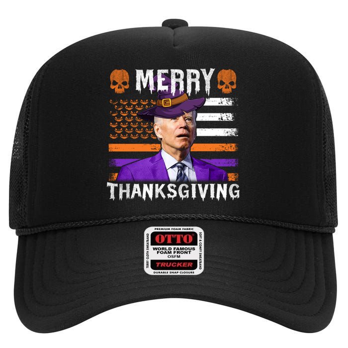 Joe Biden Happy Halloween Shirt Merry Thanksgiving US Flag High Crown Mesh Back Trucker Hat