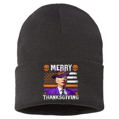 Joe Biden Happy Halloween Shirt Merry Thanksgiving US Flag Sustainable Knit Beanie