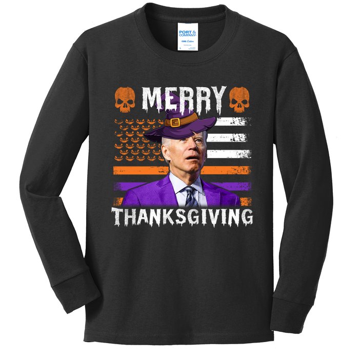 Joe Biden Happy Halloween Shirt Merry Thanksgiving US Flag Kids Long Sleeve Shirt