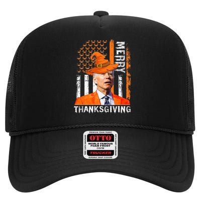 Joe Biden Happy Halloween Merry Thanksgiving US Flag High Crown Mesh Back Trucker Hat