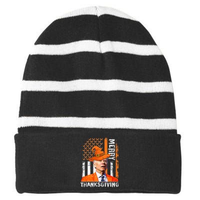 Joe Biden Happy Halloween Merry Thanksgiving US Flag Striped Beanie with Solid Band