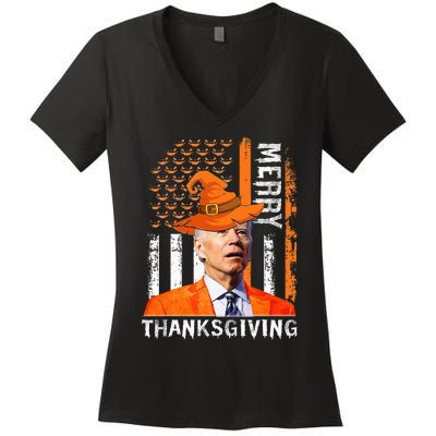 Joe Biden Happy Halloween Merry Thanksgiving US Flag Women's V-Neck T-Shirt