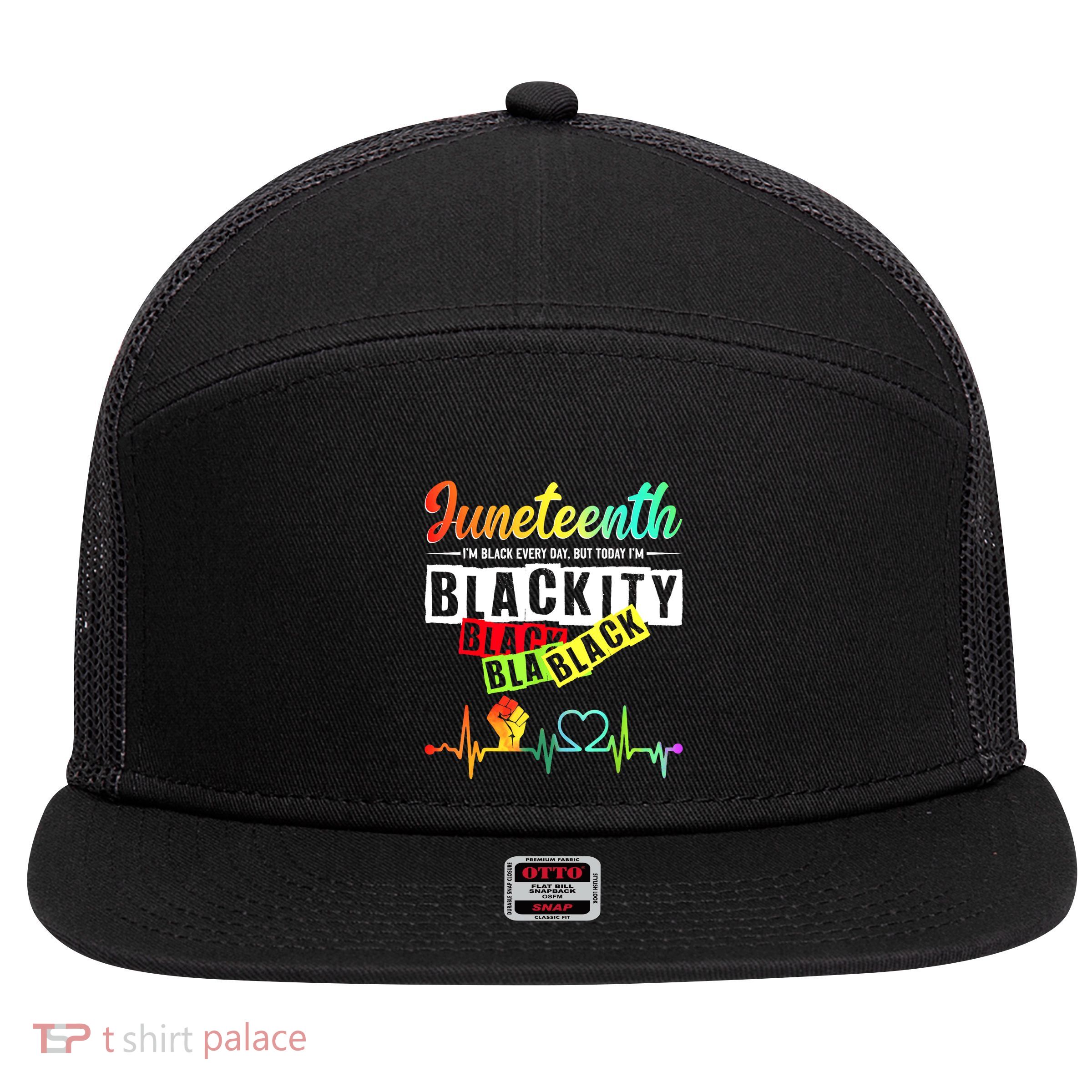 Juneteenth Blackity Heartbeat Black History African America 7 Panel Mesh Trucker Snapback Hat
