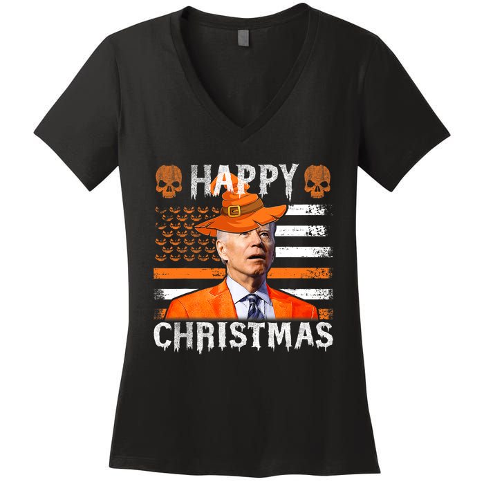 Joe Biden Happy Halloween Happy Christmas US Flag Women's V-Neck T-Shirt