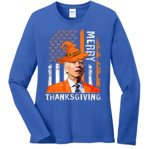 Joe Biden Happy Halloween Merry Thanksgiving US Flag Ladies Long Sleeve Shirt