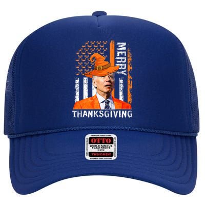 Joe Biden Happy Halloween Merry Thanksgiving US Flag High Crown Mesh Back Trucker Hat