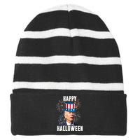 Joe Biden Happy Halloween Confused 4th Of July Funny Striped Beanie with Solid Band