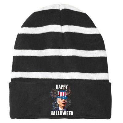 Joe Biden Happy Halloween Confused 4th Of July Funny Striped Beanie with Solid Band