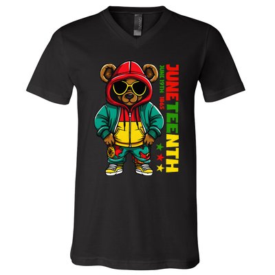 Juneteenth Black Hip Hop Teddy Bear African American V-Neck T-Shirt