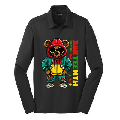 Juneteenth Black Hip Hop Teddy Bear African American Silk Touch Performance Long Sleeve Polo