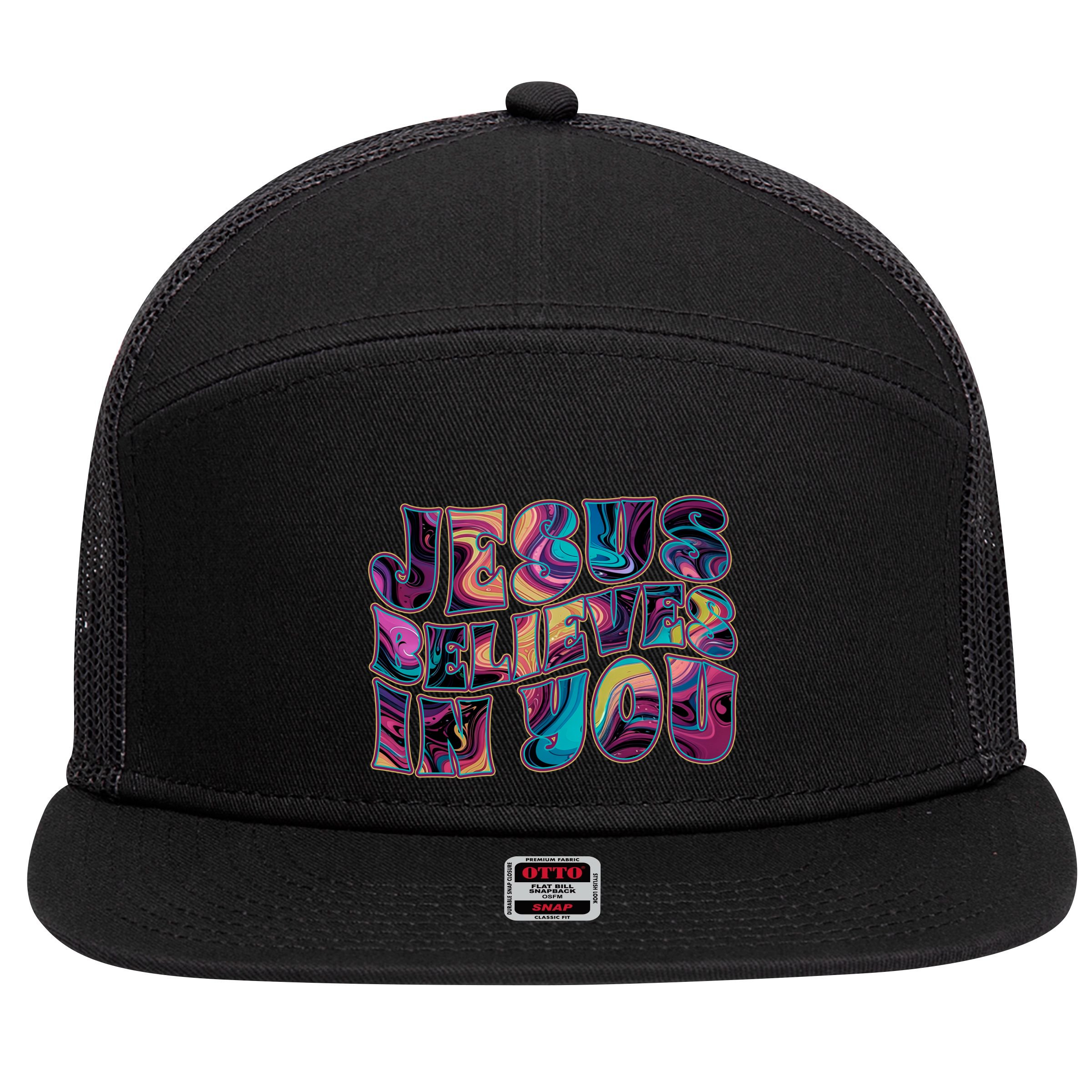 Jesus Believes In You 7 Panel Mesh Trucker Snapback Hat
