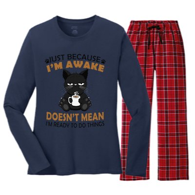 Just Because Im Awake Funny Black Coffee Cat Lover Women's Long Sleeve Flannel Pajama Set 