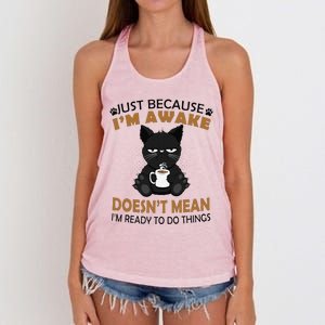 Just Because Im Awake Funny Black Coffee Cat Lover Women's Knotted Racerback Tank