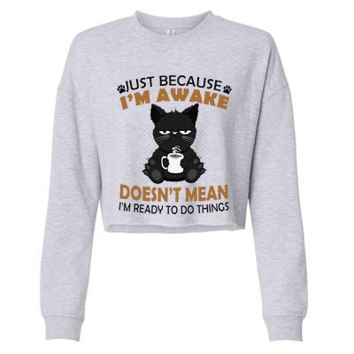 Just Because Im Awake Funny Black Coffee Cat Lover Cropped Pullover Crew