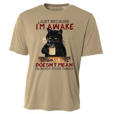 Just Because Im Awake Funny Coffee Cat Lover Women Cooling Performance Crew T-Shirt