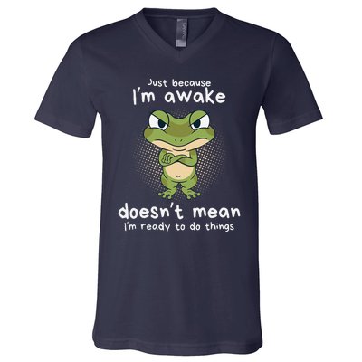 Just Because IM Awake Funny Angry Frog Humor Pajama V-Neck T-Shirt