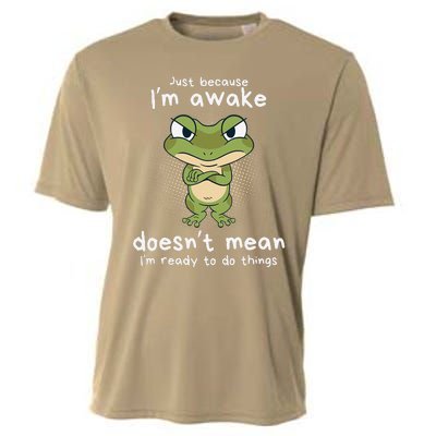 Just Because IM Awake Funny Angry Frog Humor Pajama Cooling Performance Crew T-Shirt