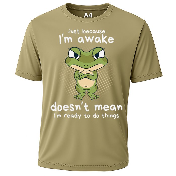 Just Because IM Awake Funny Angry Frog Humor Pajama Cooling Performance Crew T-Shirt