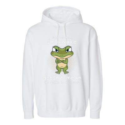 Just Because IM Awake Funny Angry Frog Humor Pajama Garment-Dyed Fleece Hoodie