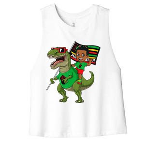 Juneteenth Black King Riding T Rex Dino Funny Flag Women's Racerback Cropped Tank