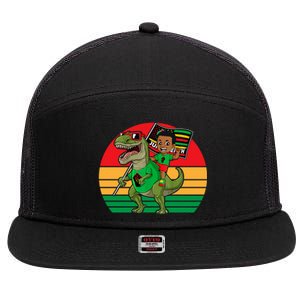 Juneteenth Black King Riding T Rex Dino Funny 7 Panel Mesh Trucker Snapback Hat