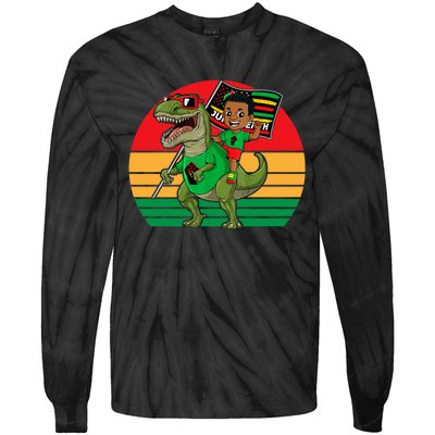 Juneteenth Black King Riding T Rex Dino Funny Tie-Dye Long Sleeve Shirt