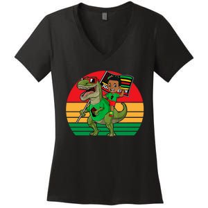 Juneteenth Black King Riding T Rex Dino Funny Women's V-Neck T-Shirt