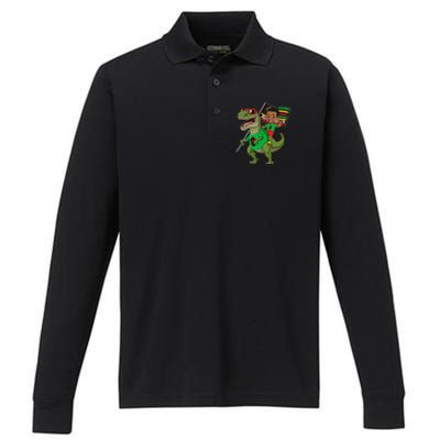 Juneteenth Black King Riding T Rex Dino Funny Flag Performance Long Sleeve Polo