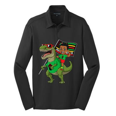 Juneteenth Black King Riding T Rex Dino Funny Flag Silk Touch Performance Long Sleeve Polo