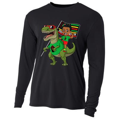 Juneteenth Black King Riding T Rex Dino Funny Flag Cooling Performance Long Sleeve Crew