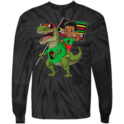 Juneteenth Black King Riding T Rex Dino Funny Flag Tie-Dye Long Sleeve Shirt