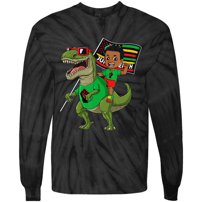 Juneteenth Black King Riding T Rex Dino Funny Flag Tie-Dye Long Sleeve Shirt