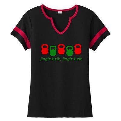 Jingle Bells Kettlebell Christmas Holiday Workout Ladies Halftime Notch Neck Tee