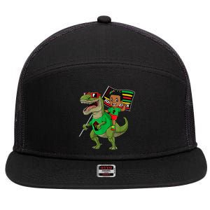 Juneteenth Black King Riding T Rex Dino Funny 7 Panel Mesh Trucker Snapback Hat