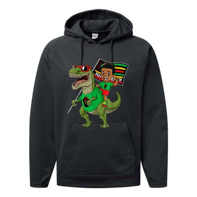 Juneteenth Black King Riding T Rex Dino Funny Performance Fleece Hoodie